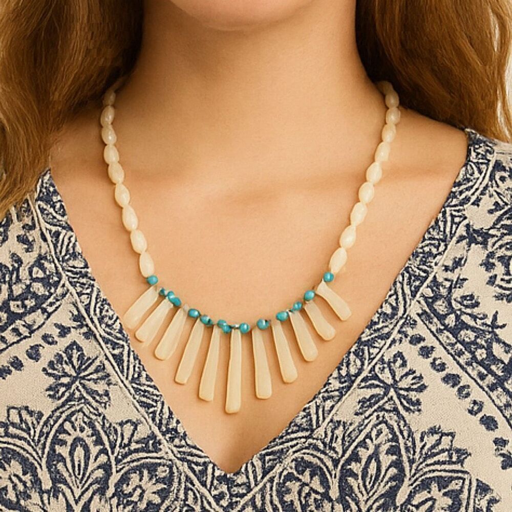 Vintage mother of pearl boho fringe turquoise sterling silver necklace.